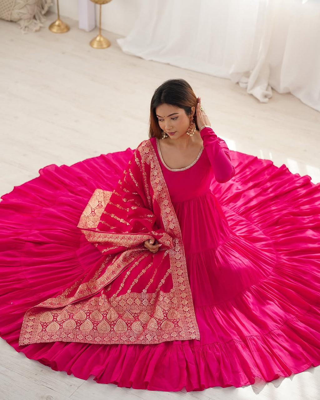 Ashika Pink Roman Silk Flared Anarkali Gown Set