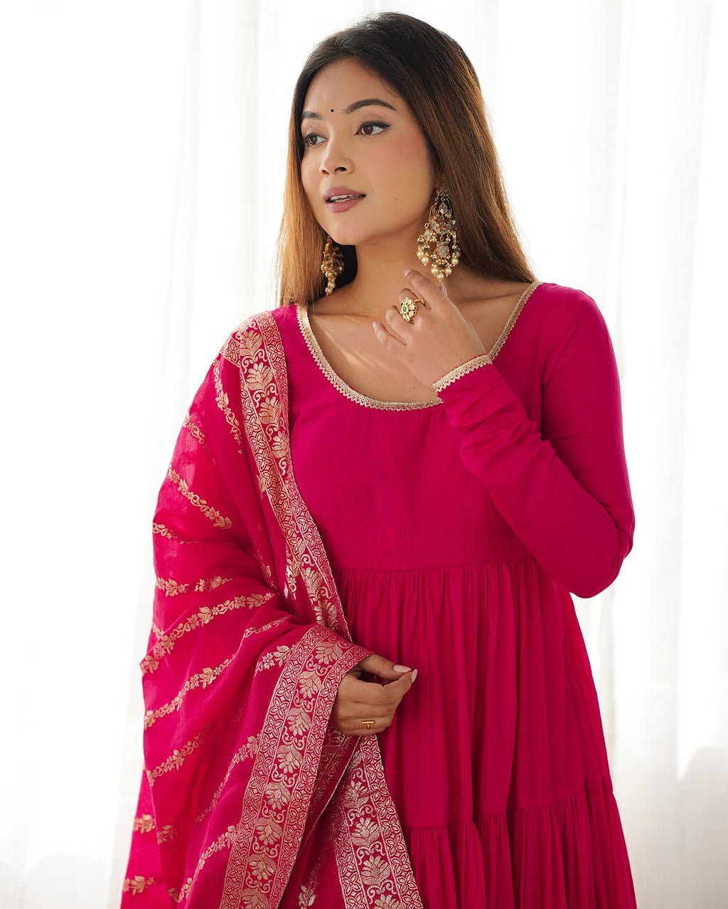 Ashika Pink Roman Silk Flared Anarkali Gown Set