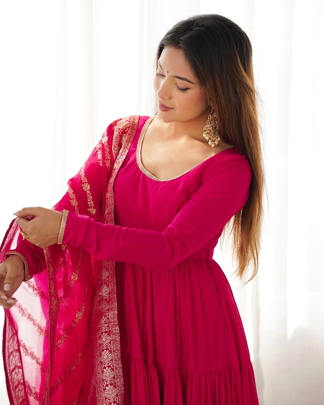 Ashika Pink Roman Silk Flared Anarkali Gown Set