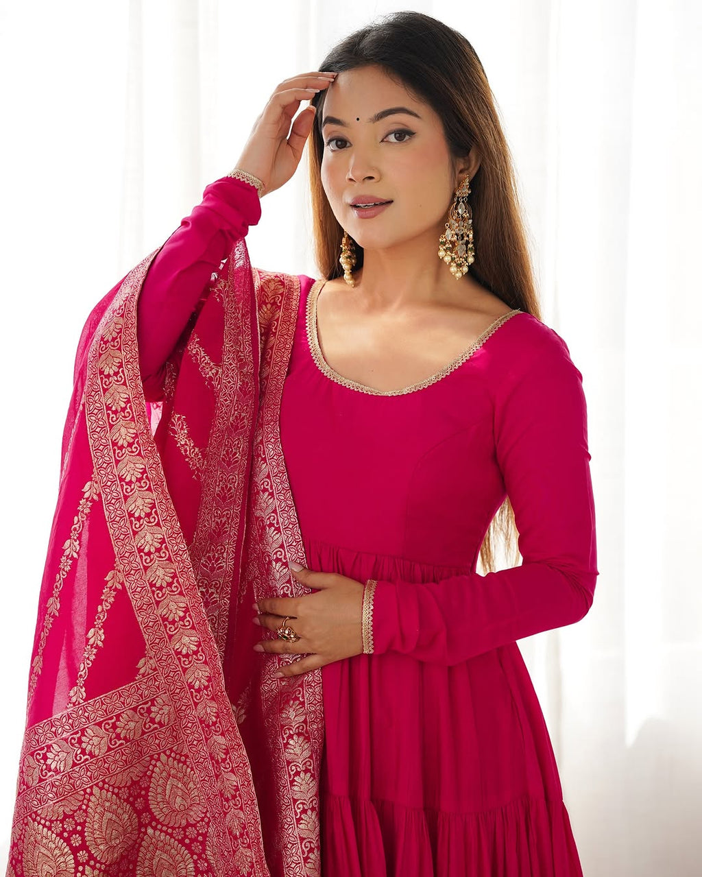 Ashika Pink Roman Silk Flared Anarkali Gown Set