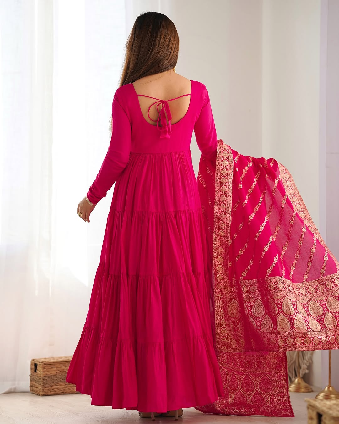 Ashika Pink Roman Silk Flared Anarkali Gown Set