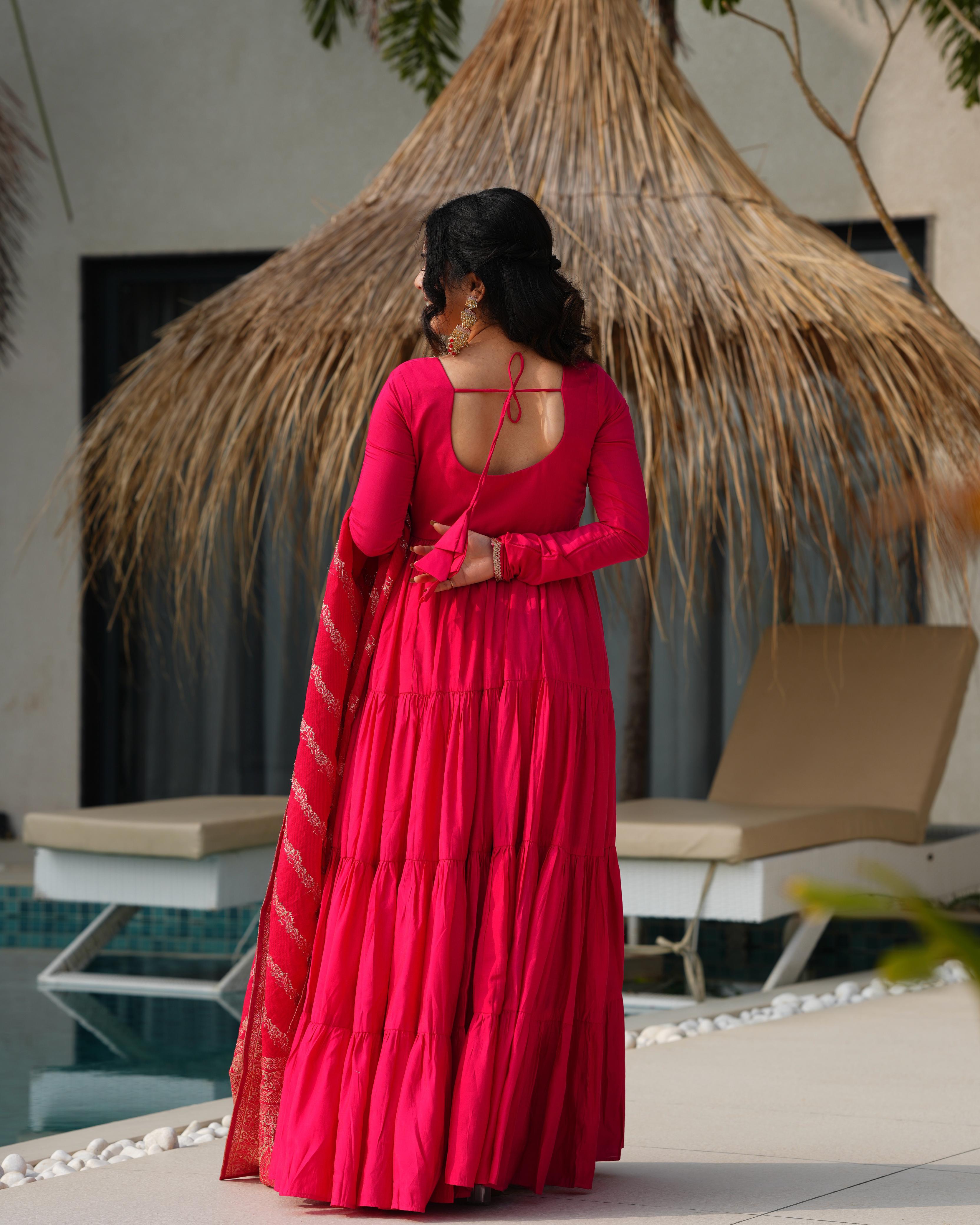 Ashika Pink Roman Silk Flared Anarkali Suit Set