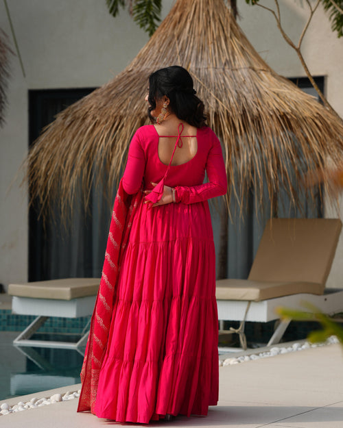 Ashika pink roman silk flared anarkali suit set