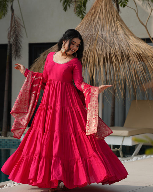 Ashika pink roman silk flared anarkali suit set