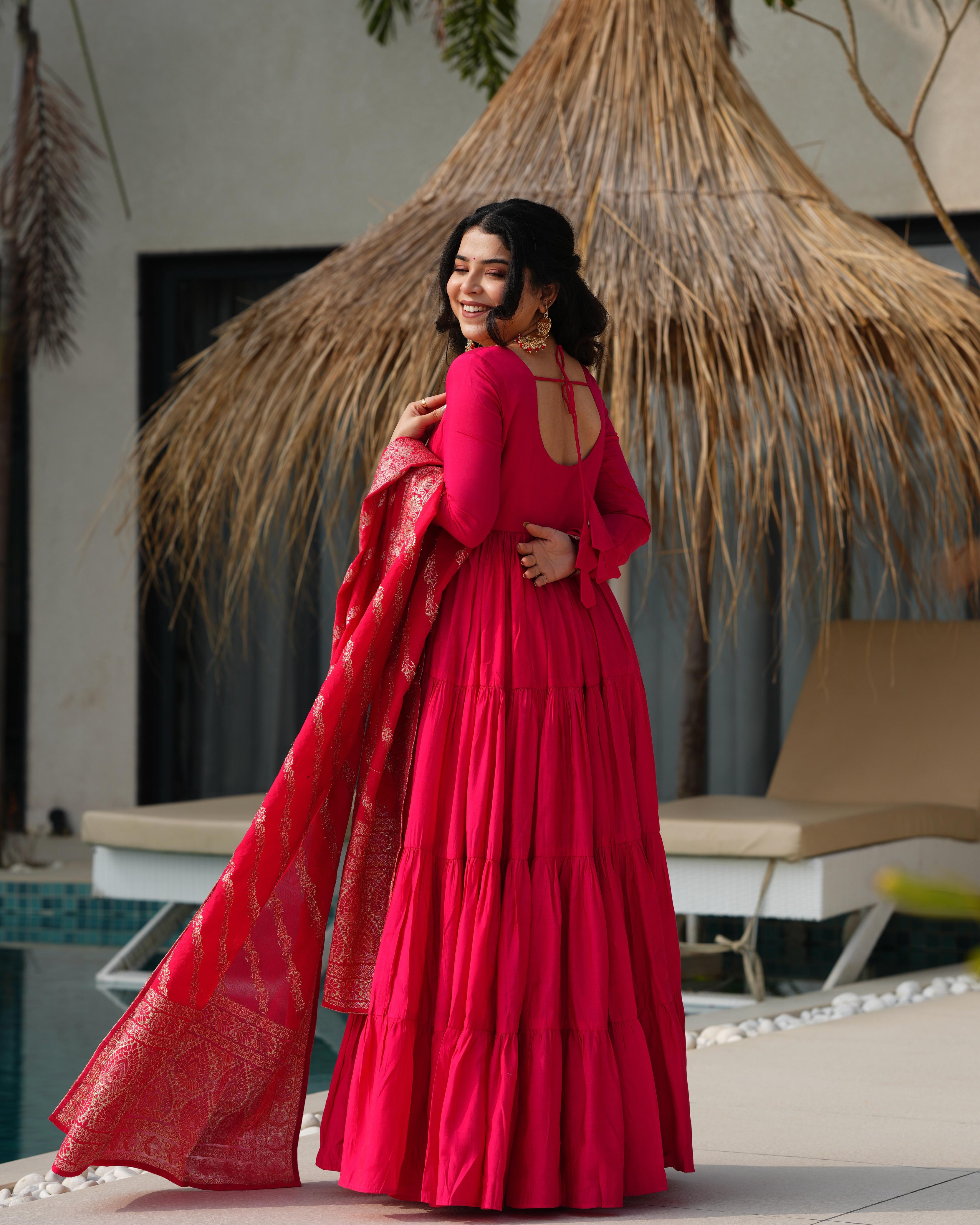 Ashika Pink Roman Silk Flared Anarkali Suit Set