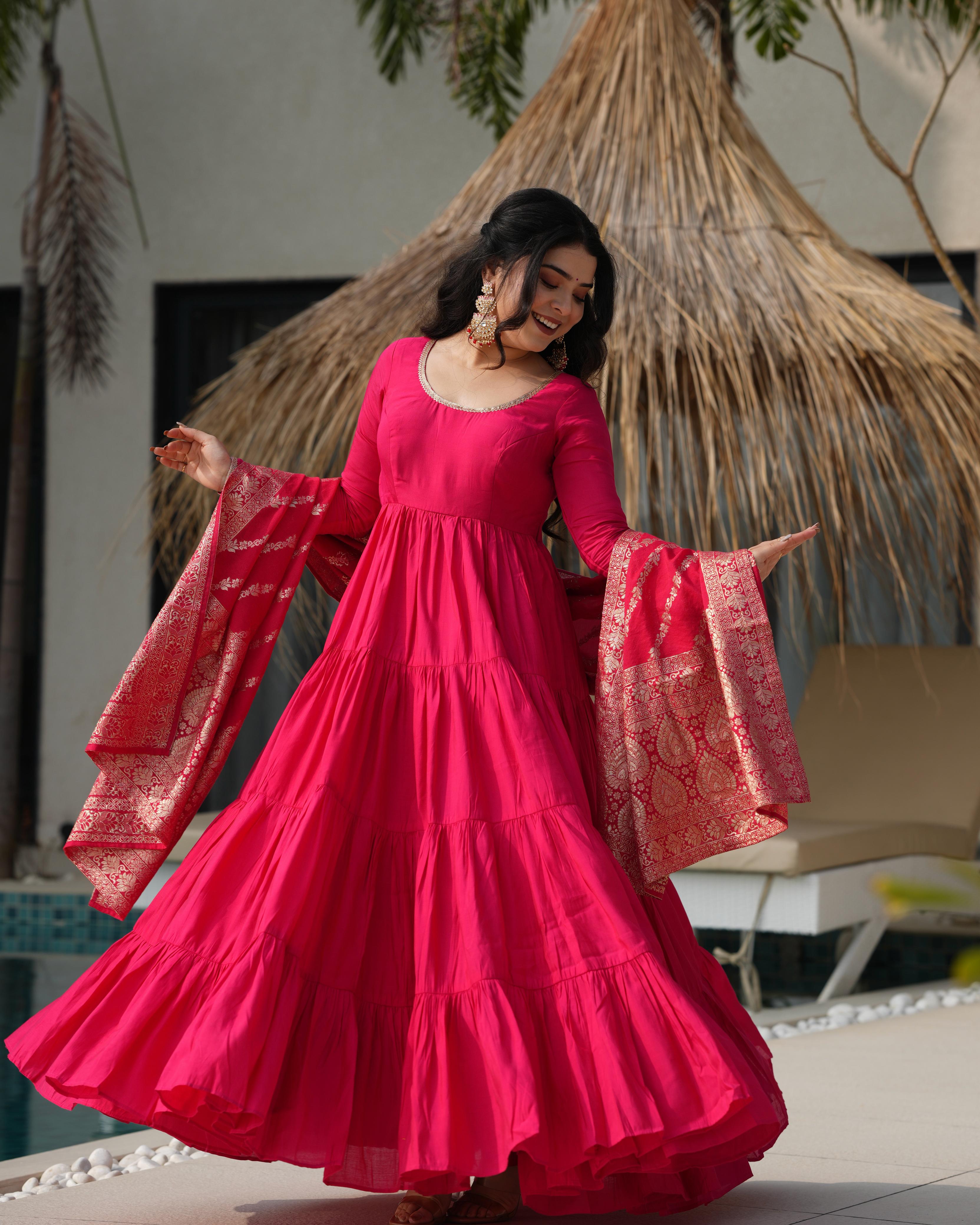 Ashika Pink Roman Silk Flared Anarkali Suit Set