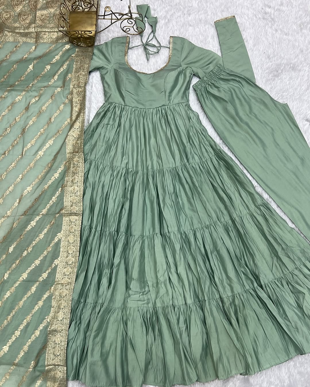 Ashika Pista Roman Silk Flared Anarkali Gown Set