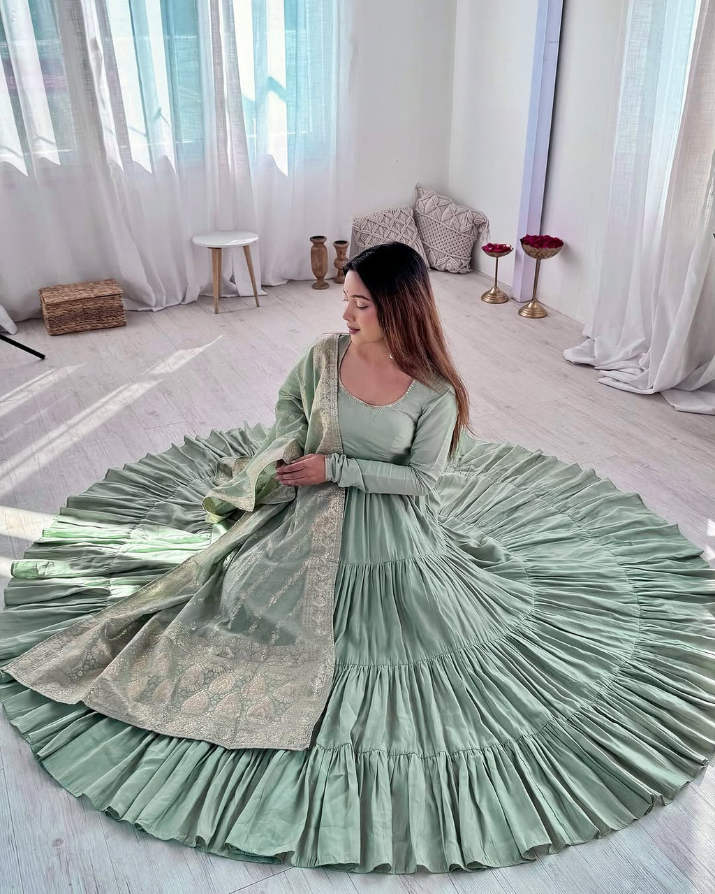 Ashika Pista Roman Silk Flared Anarkali Gown Set