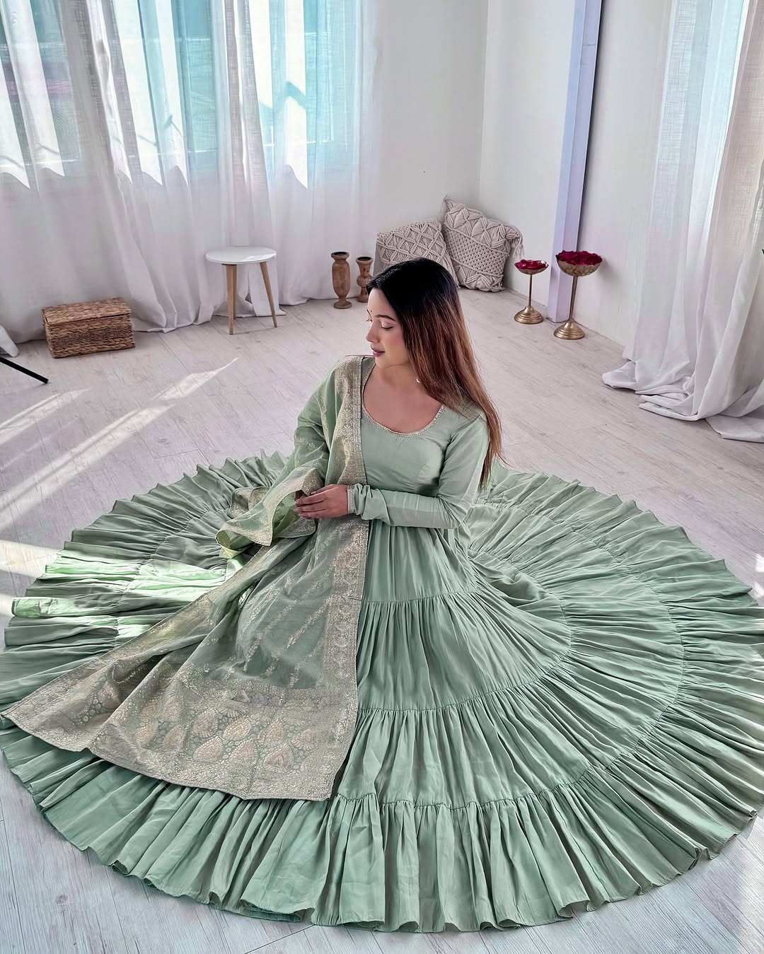 Ashika Pista Roman Silk Flared Anarkali Gown Set