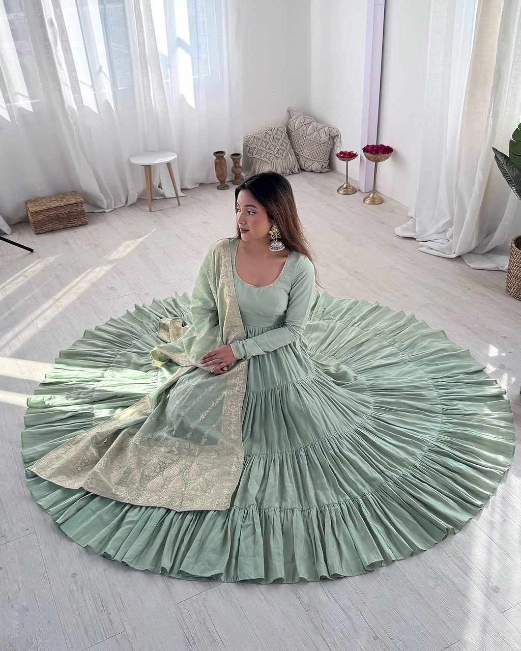 Ashika Pista Roman Silk Flared Anarkali Gown Set