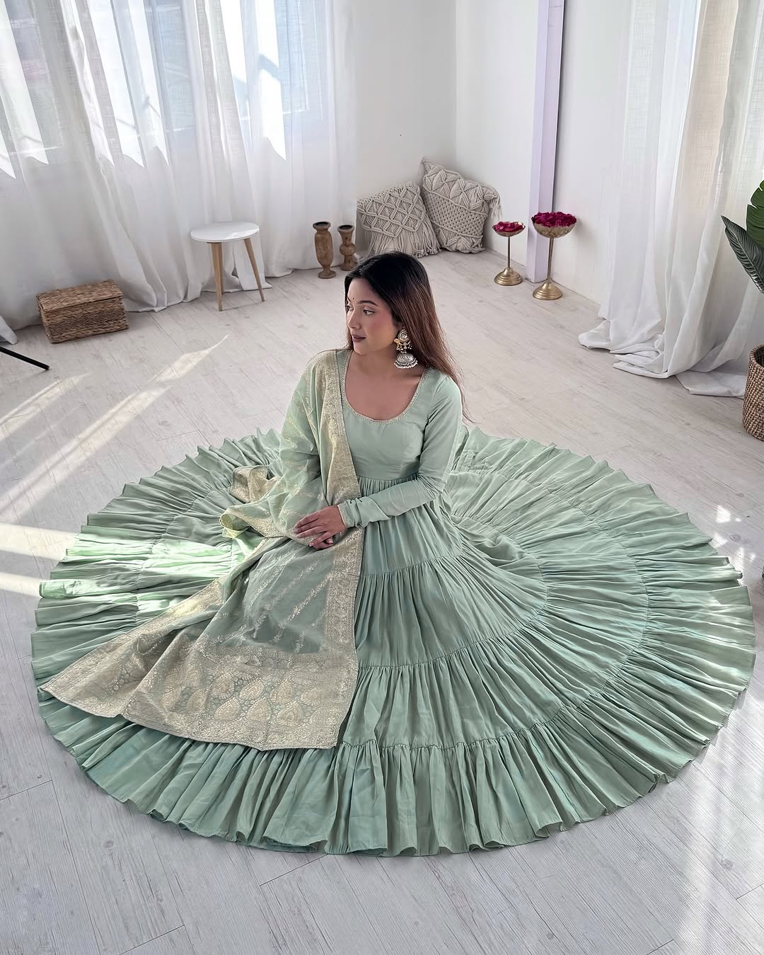 Ashika Pista Roman Silk Flared Anarkali Gown Set