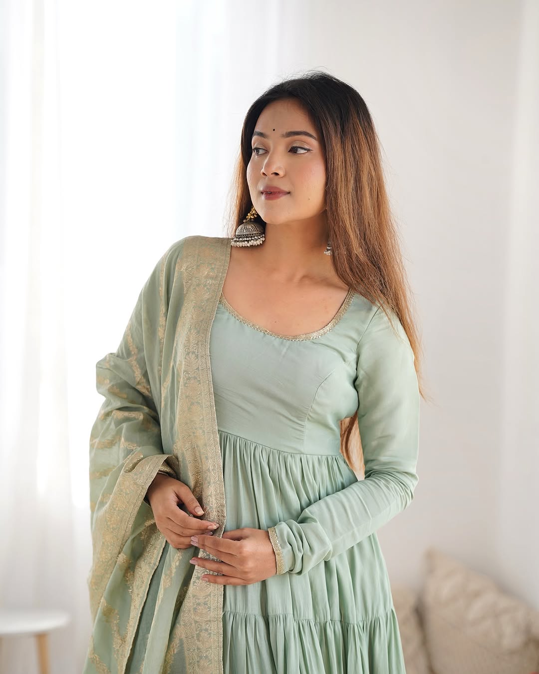 Ashika Pista Roman Silk Flared Anarkali Gown Set