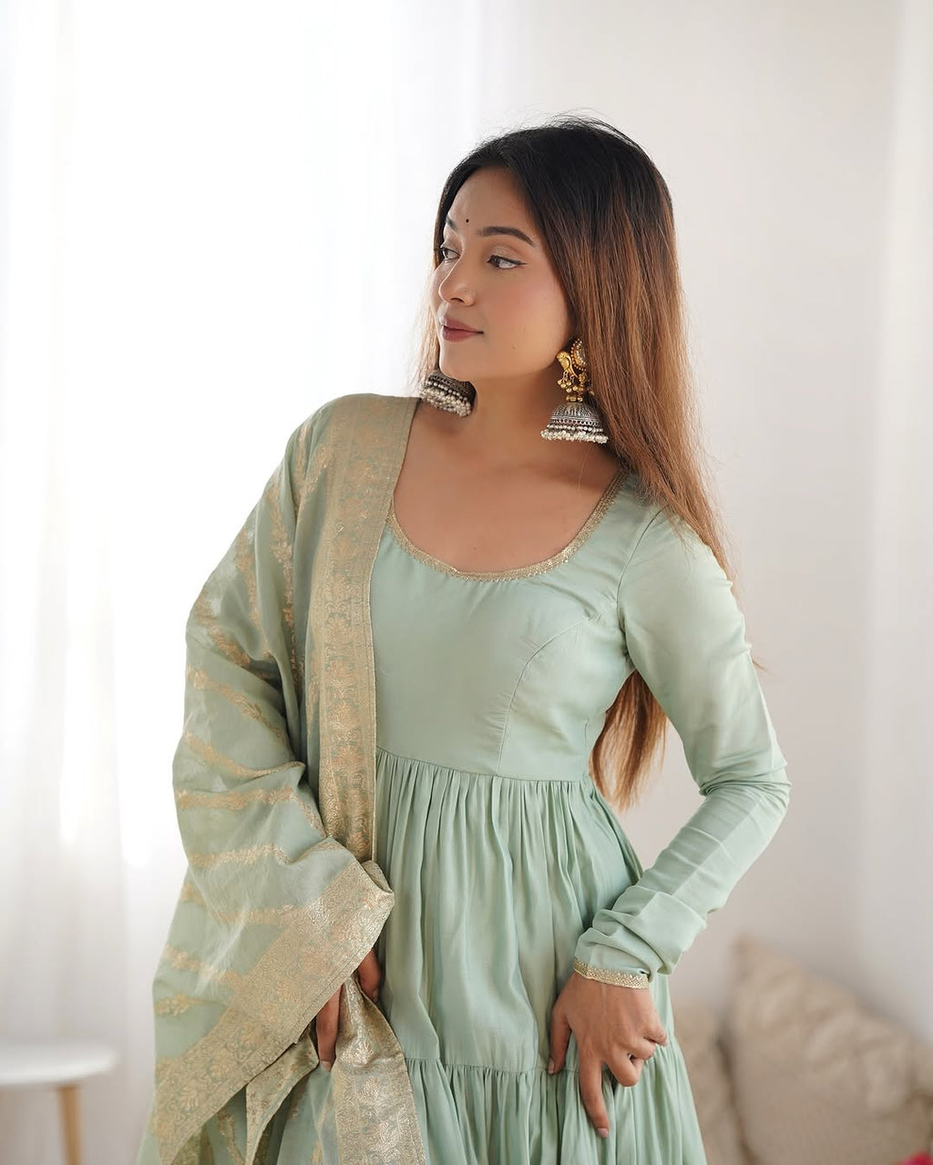 Ashika Pista Roman Silk Flared Anarkali Gown Set