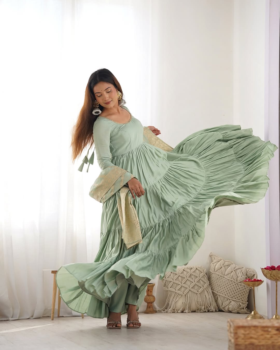 Ashika Pista Roman Silk Flared Anarkali Gown Set