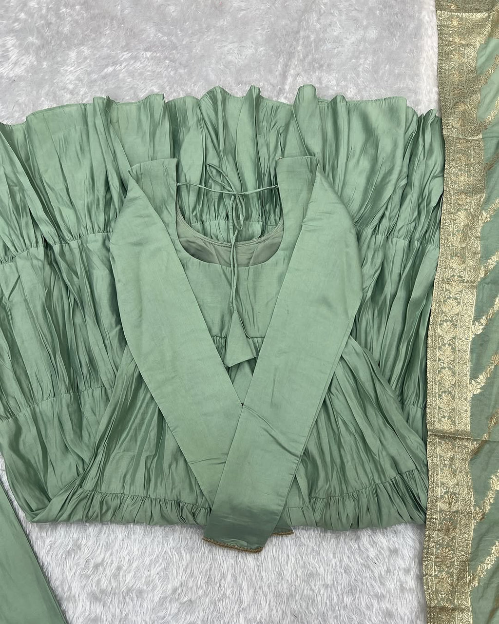 Ashika Pista Roman Silk Flared Anarkali Gown Set