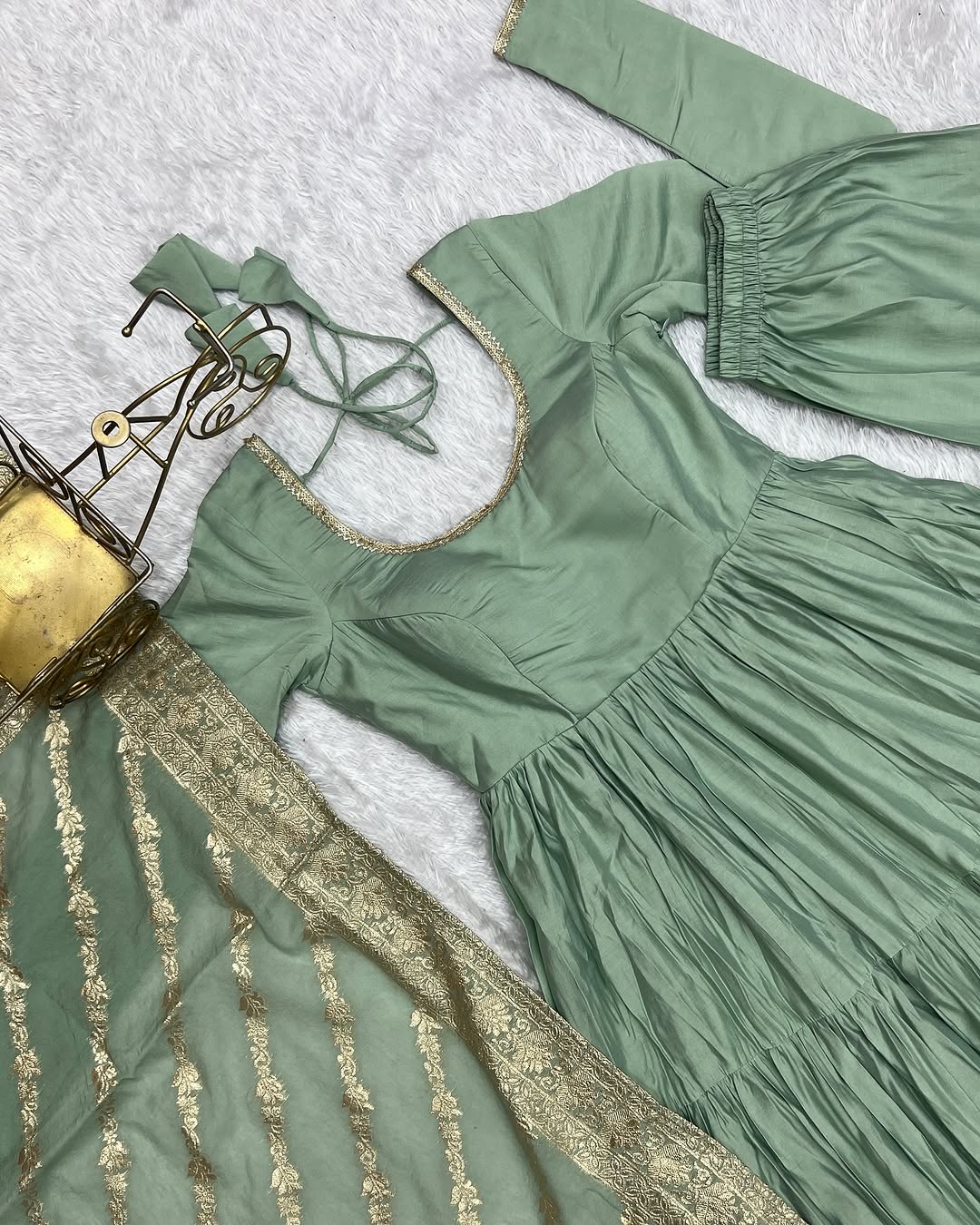 Ashika Pista Roman Silk Flared Anarkali Gown Set