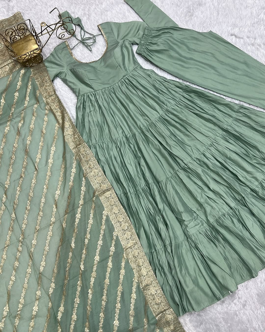 Ashika Pista Roman Silk Flared Anarkali Gown Set