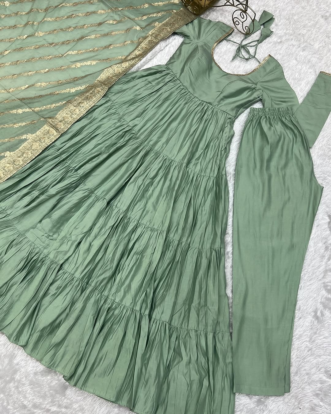 Ashika Pista Roman Silk Flared Anarkali Gown Set