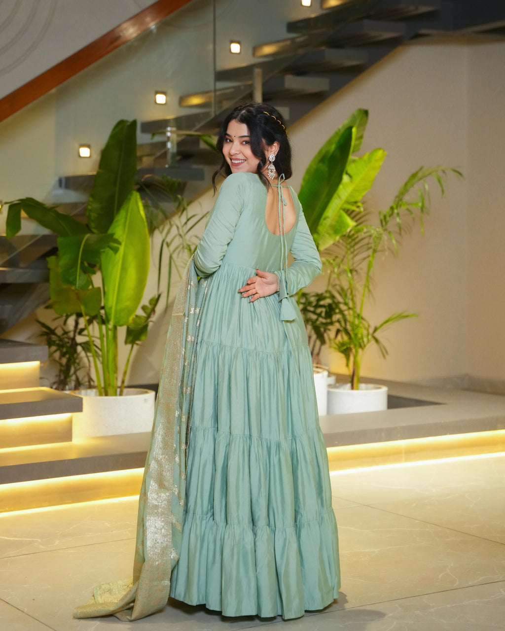  Pista green Roman silk Chanderi Anarkali suit set with Banarasi dupatta, flared Anarkali gown for wedding functions and festive wear, designer frill Anarkali with 9-meter flair, Chanderi silk ethnic suit for women, Banarasi dupatta suit for reception and party wear, pista color Anarkali dress for haldi, mehendi, or Eid, lightweight Anarkali kurta pant set with traditional embroidery.