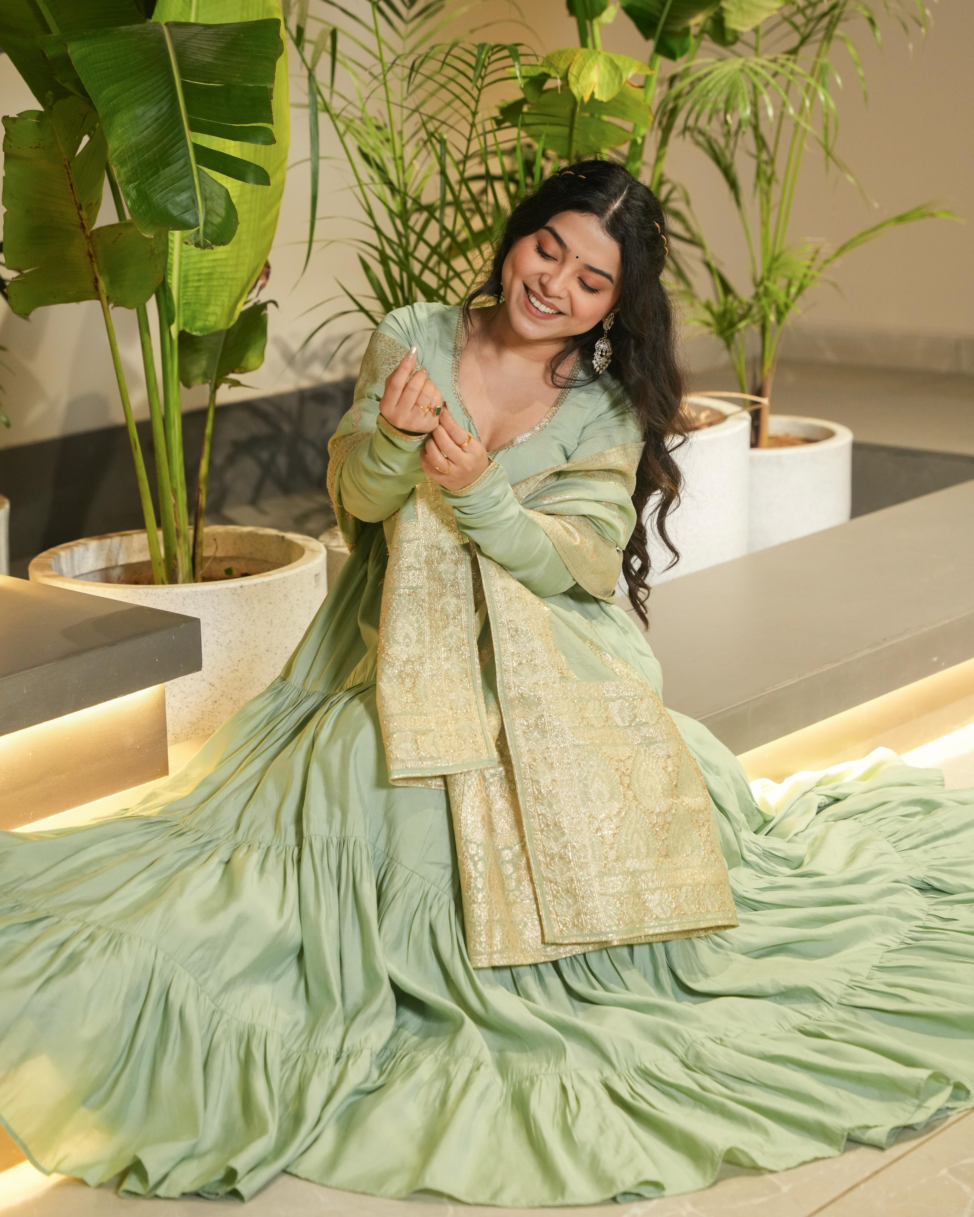 Ashika Pista Roman Silk Flared Anarkali Suit Set