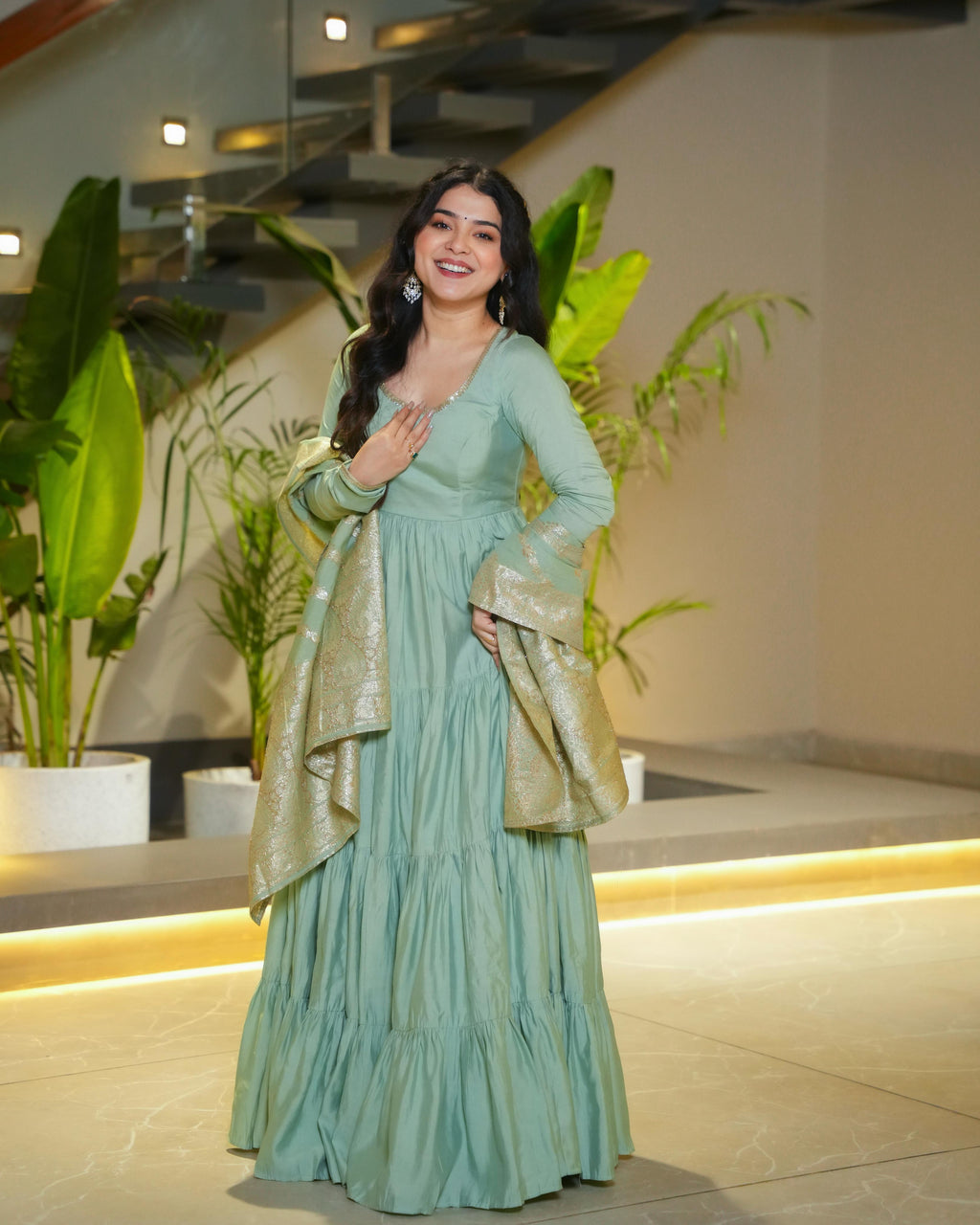 Ashika Pista Roman Silk Flared Anarkali Suit Set