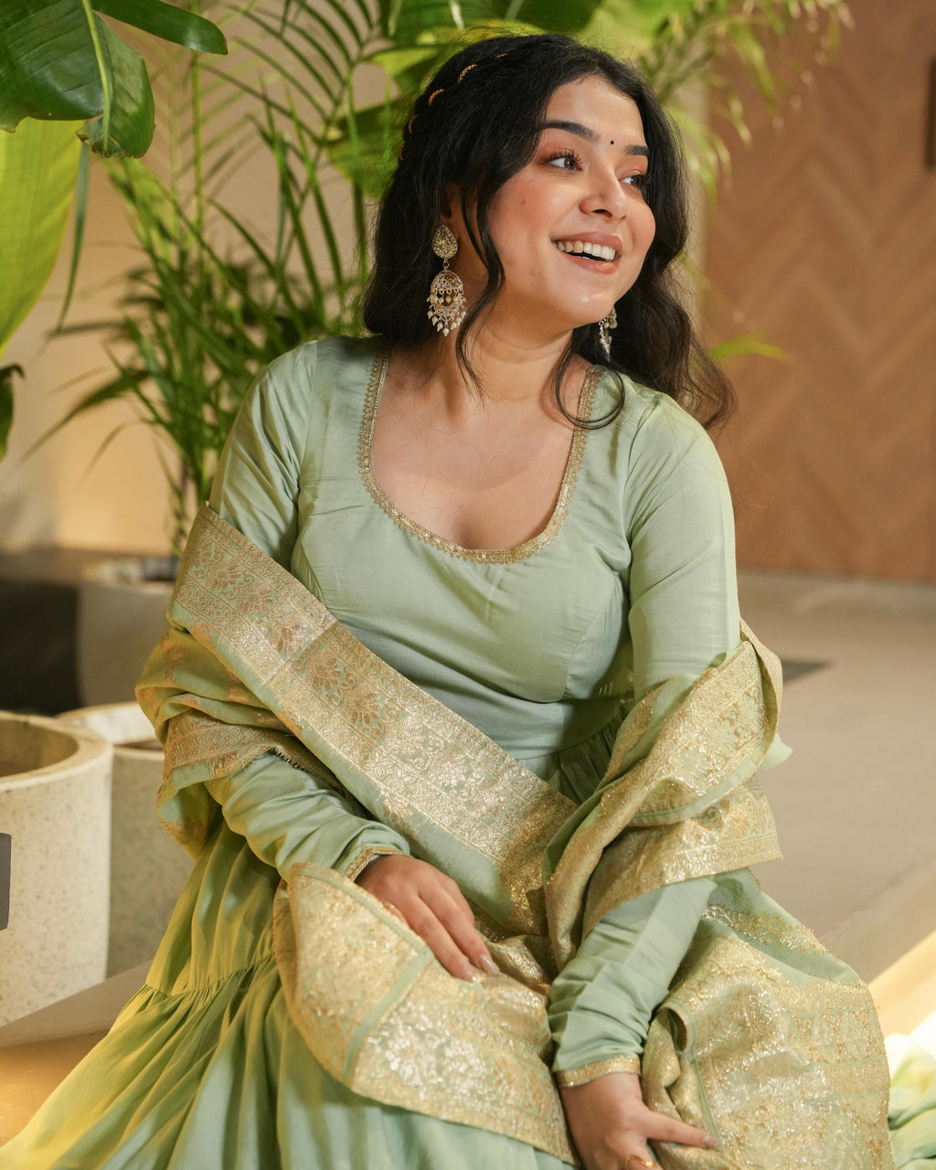 Ashika Pista Roman Silk Flared Anarkali Suit Set