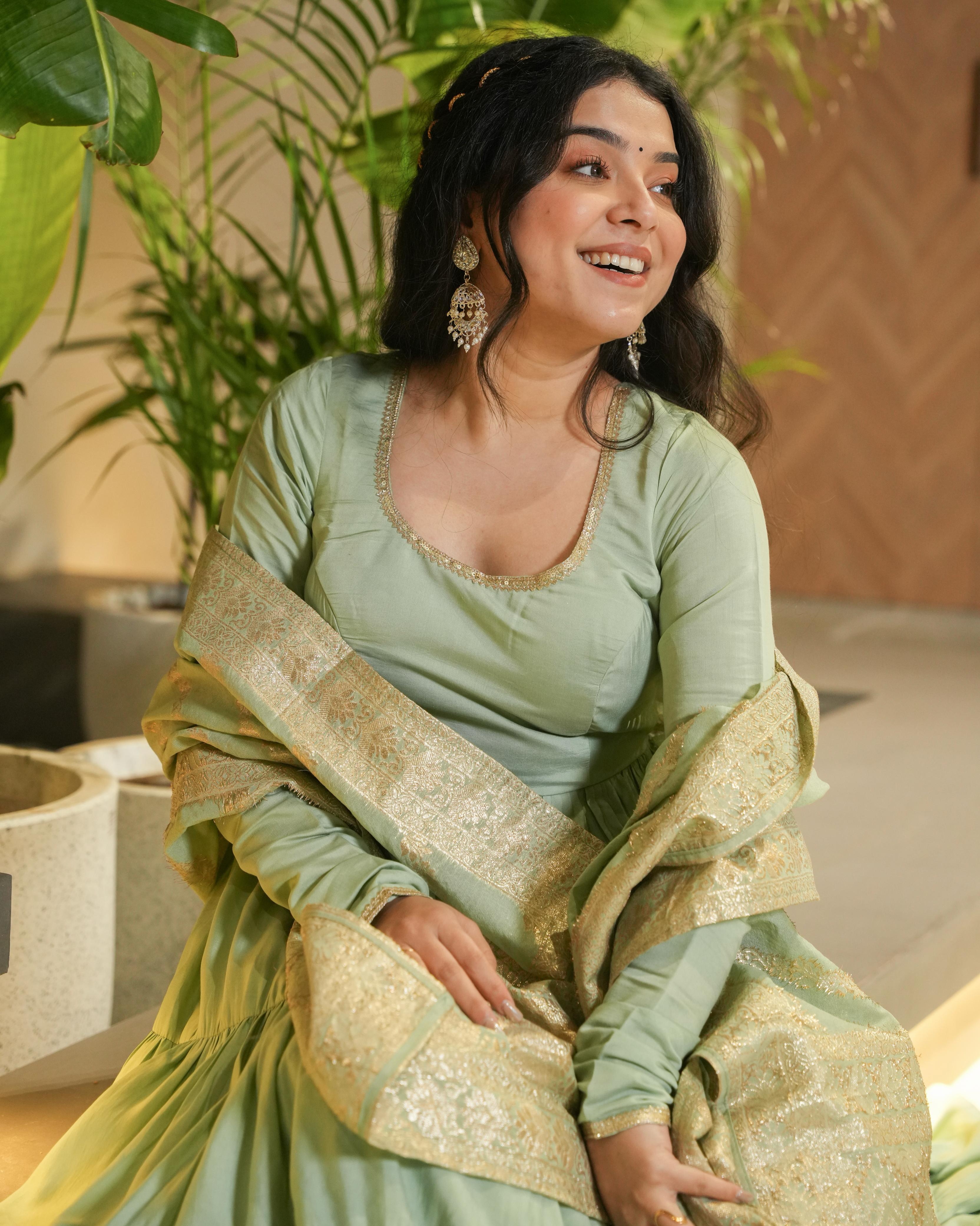 Ashika Pista Roman Silk Flared Anarkali Suit Set