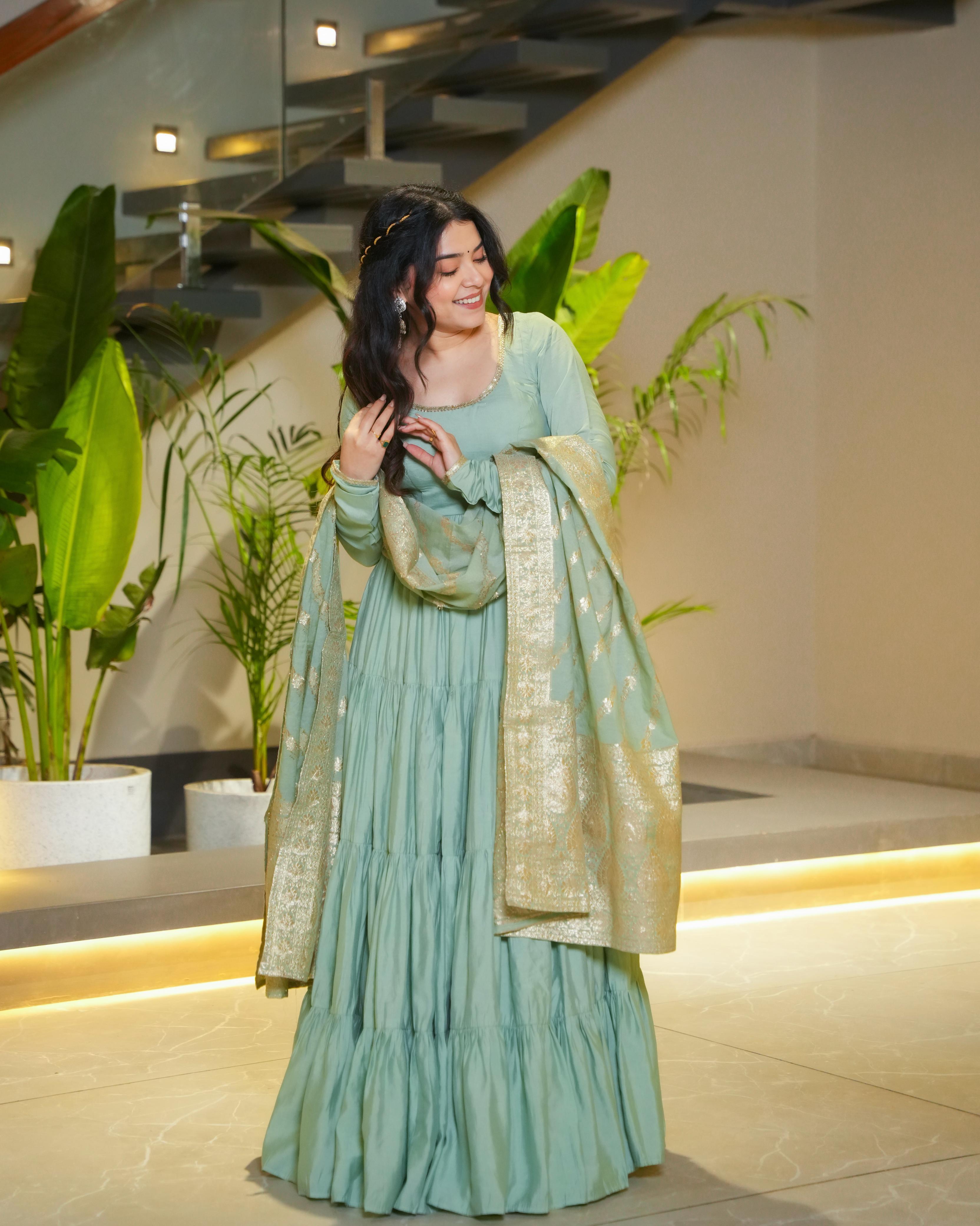 Ashika Pista Roman Silk Flared Anarkali Suit Set