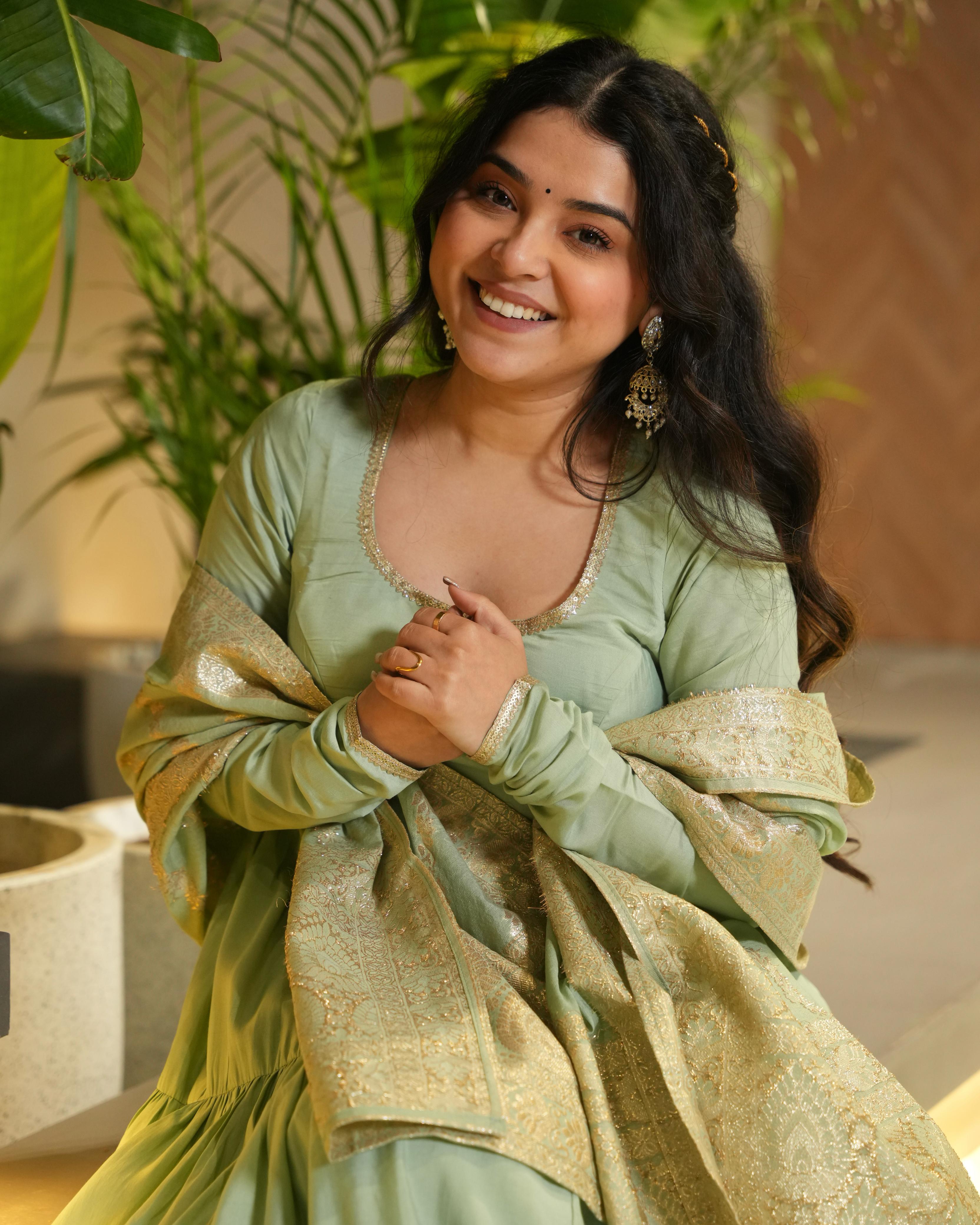 Ashika Pista Roman Silk Flared Anarkali Suit Set