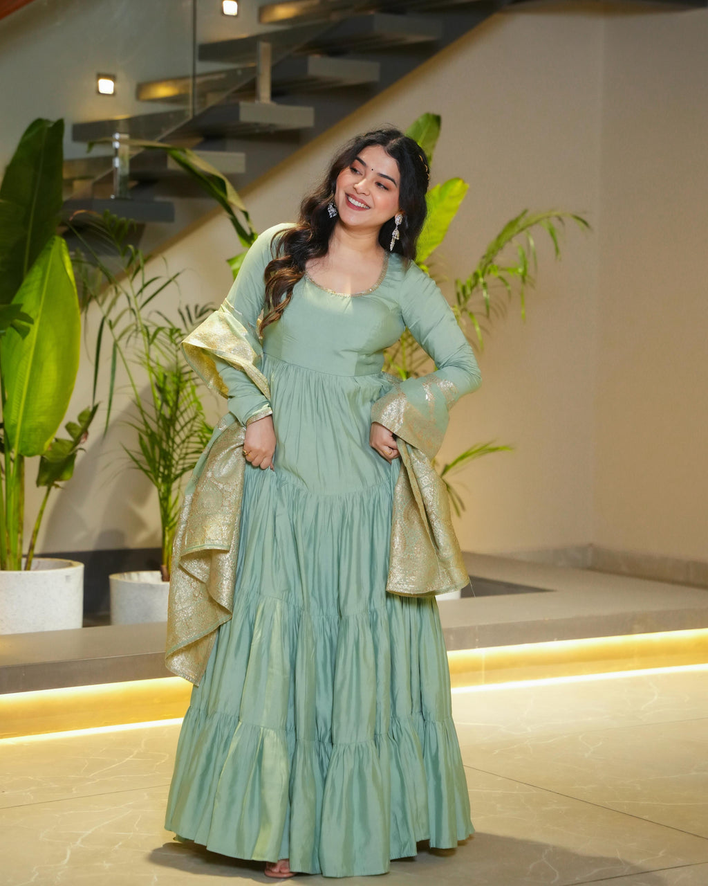 Ashika Pista Roman Silk Flared Anarkali Suit Set