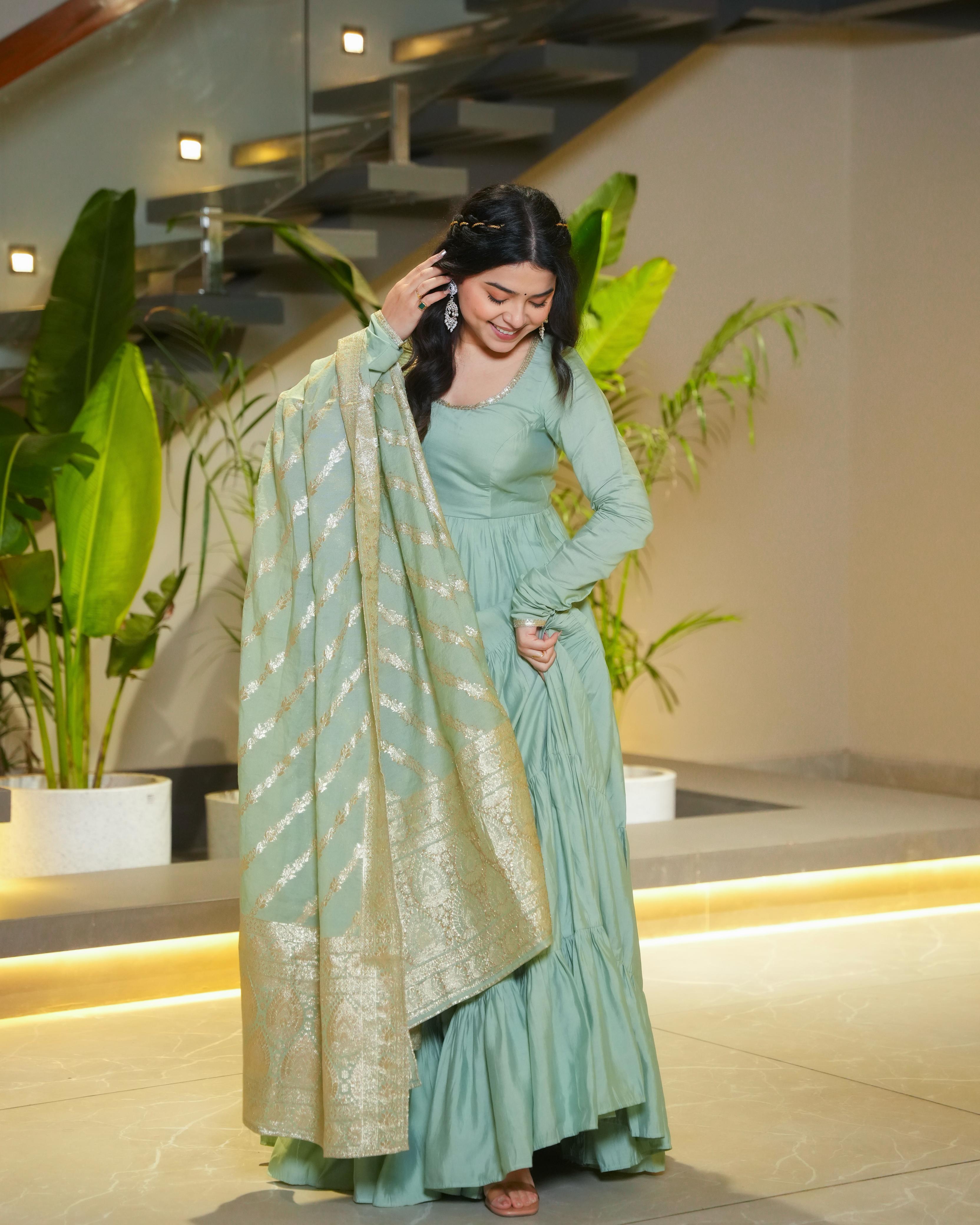 Ashika Pista Roman Silk Flared Anarkali Suit Set