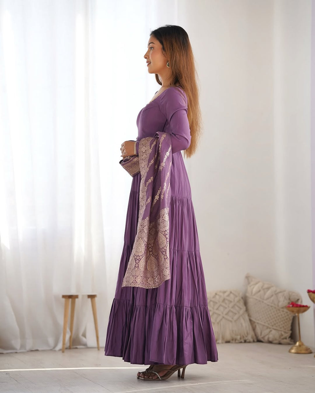 Ashika Lavender Roman Silk Flared Anarkali Suit