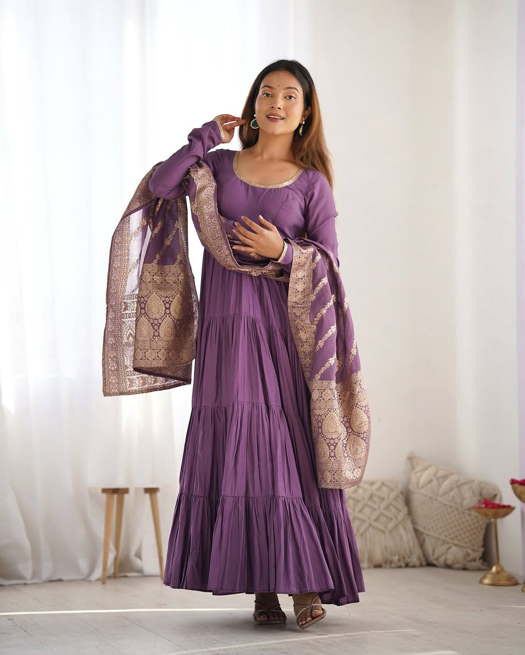 Ashika Lavender Roman Silk Flared Anarkali Suit