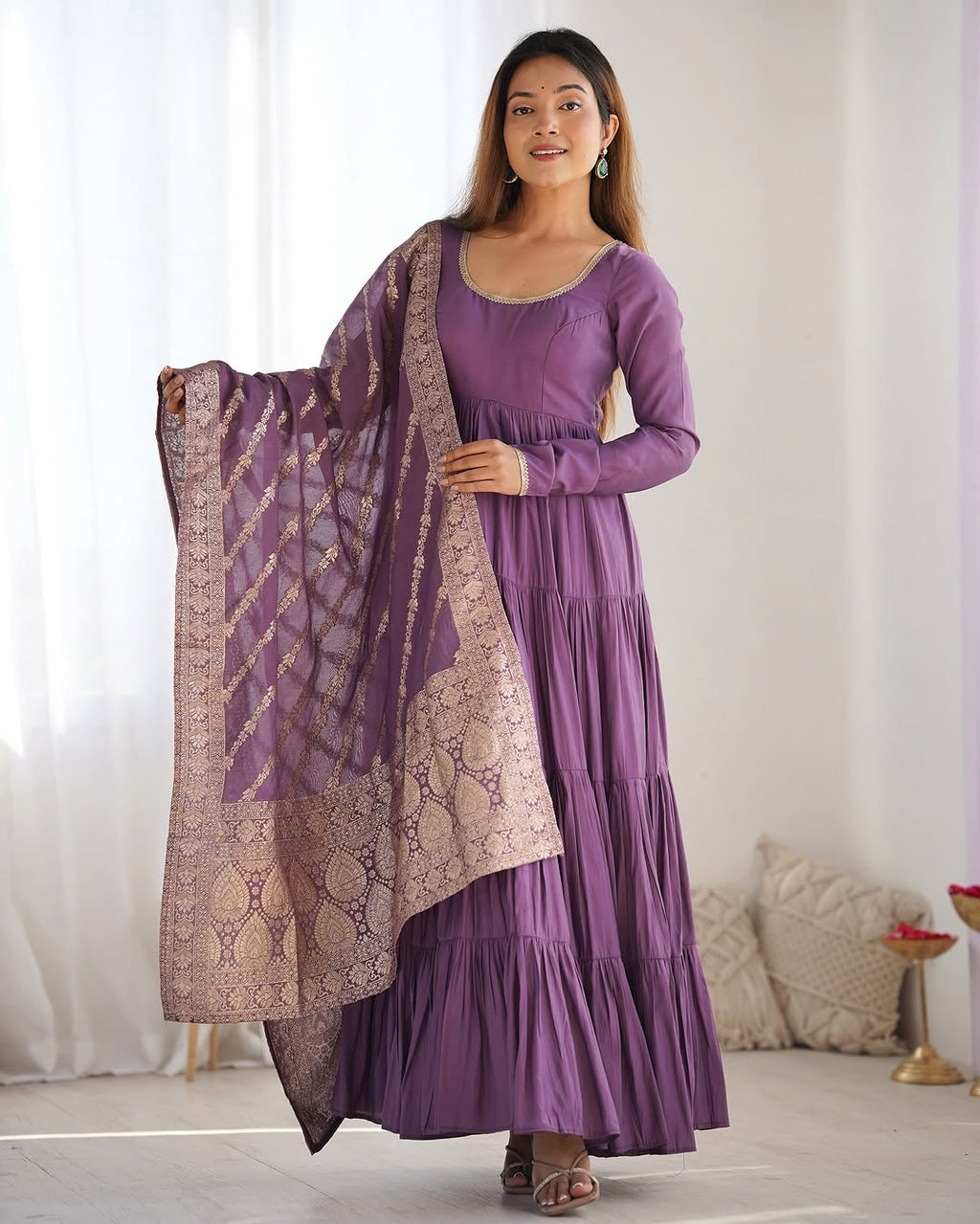Ashika Lavender Roman Silk Flared Anarkali Suit