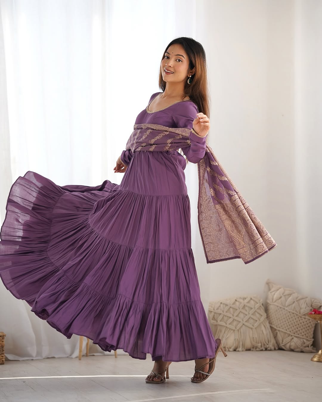 Ashika Lavender Roman Silk Flared Anarkali Suit