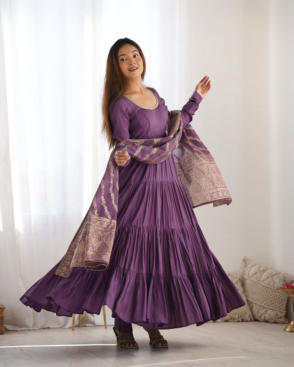 Ashika Lavender Roman Silk Flared Anarkali Suit