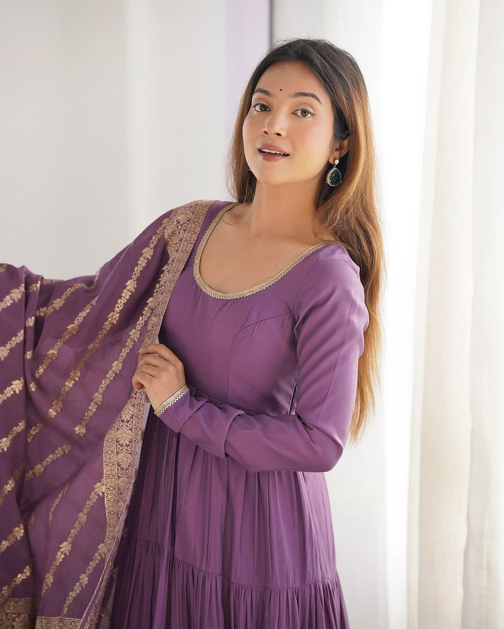 Ashika Lavender Roman Silk Flared Anarkali Suit