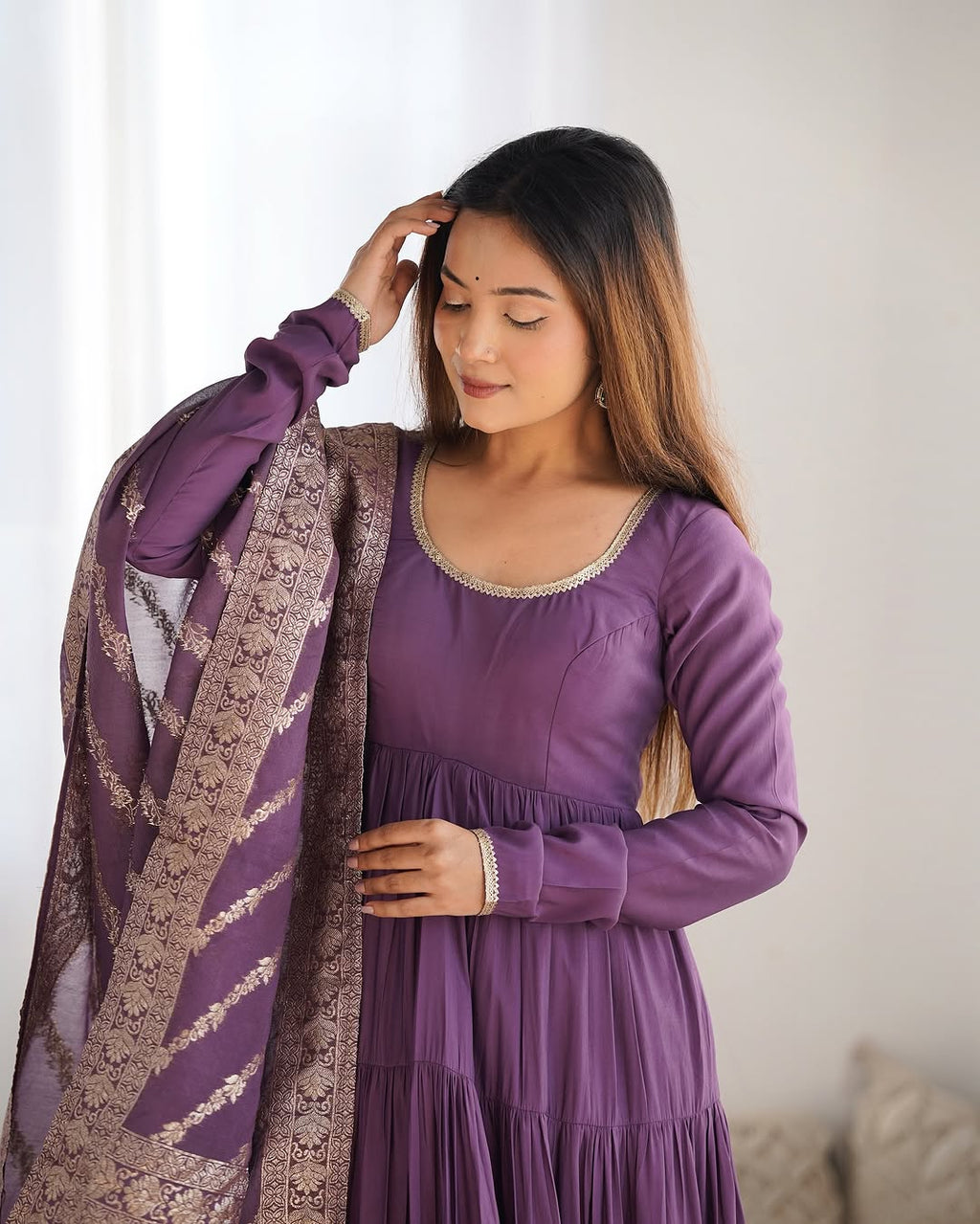 Ashika Lavender Roman Silk Flared Anarkali Suit