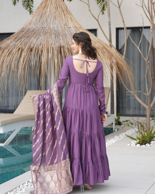 
Purple Roman silk Chanderi Anarkali suit set with Banarasi dupatta, 9-meter flair designer Anarkali gown for wedding and festive wear, Chanderi silk Anarkali with frill design, embroidered Anarkali set for haldi, sangeet, and Eid, purple ethnic wear for women, Banarasi dupatta suit set for engagement or Diwali, readymade Anarkali kurta pant set with heavy flair.