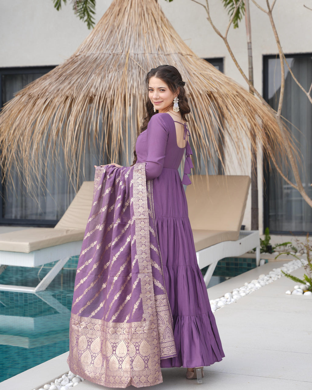 
Purple Roman silk Chanderi Anarkali suit set with Banarasi dupatta, 9-meter flair designer Anarkali gown for wedding and festive wear, Chanderi silk Anarkali with frill design, embroidered Anarkali set for haldi, sangeet, and Eid, purple ethnic wear for women, Banarasi dupatta suit set for engagement or Diwali, readymade Anarkali kurta pant set with heavy flair.