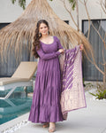 
Purple Roman silk Chanderi Anarkali suit set with Banarasi dupatta, 9-meter flair designer Anarkali gown for wedding and festive wear, Chanderi silk Anarkali with frill design, embroidered Anarkali set for haldi, sangeet, and Eid, purple ethnic wear for women, Banarasi dupatta suit set for engagement or Diwali, readymade Anarkali kurta pant set with heavy flair.