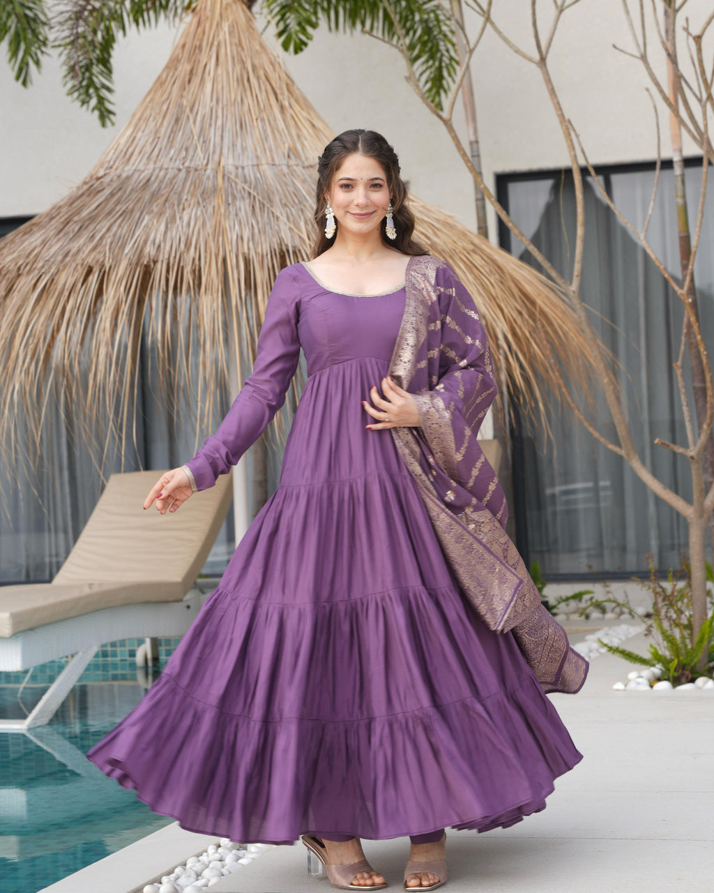 Ashika Roman Silk Flared Lavender Anarkali Suit