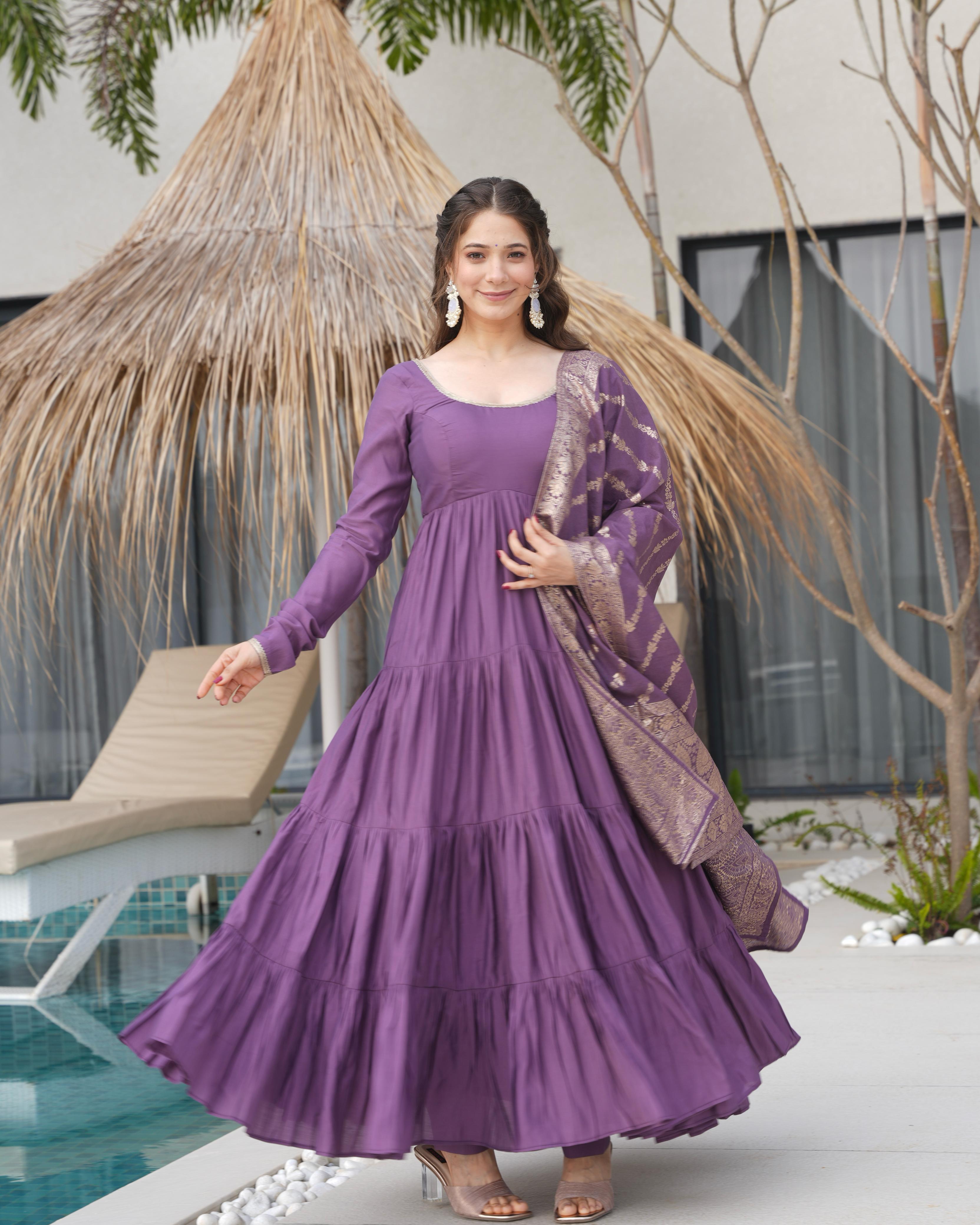Ashika Roman Silk Flared Lavender Anarkali Suit
