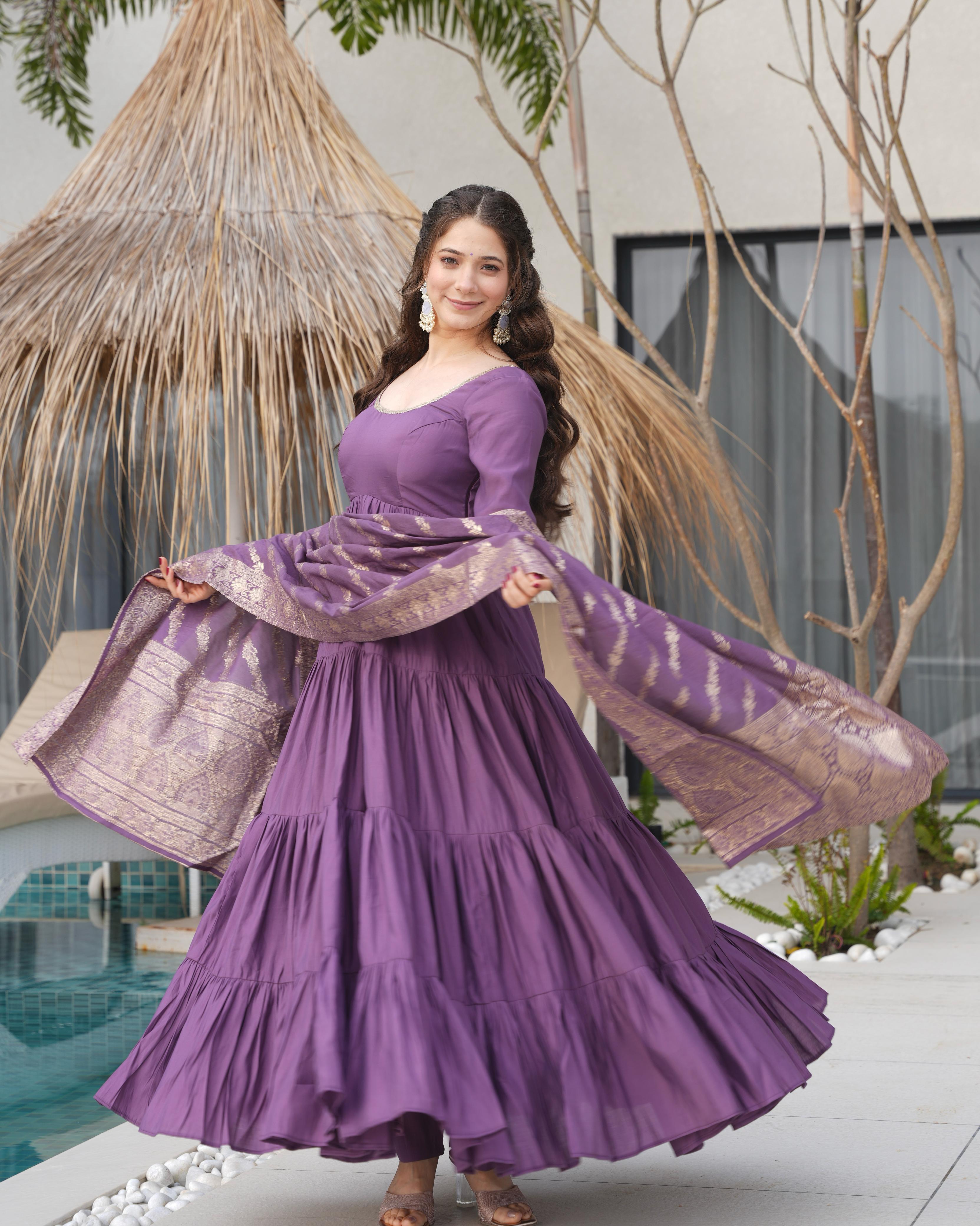 Ashika Roman Silk Flared Lavender Anarkali Suit