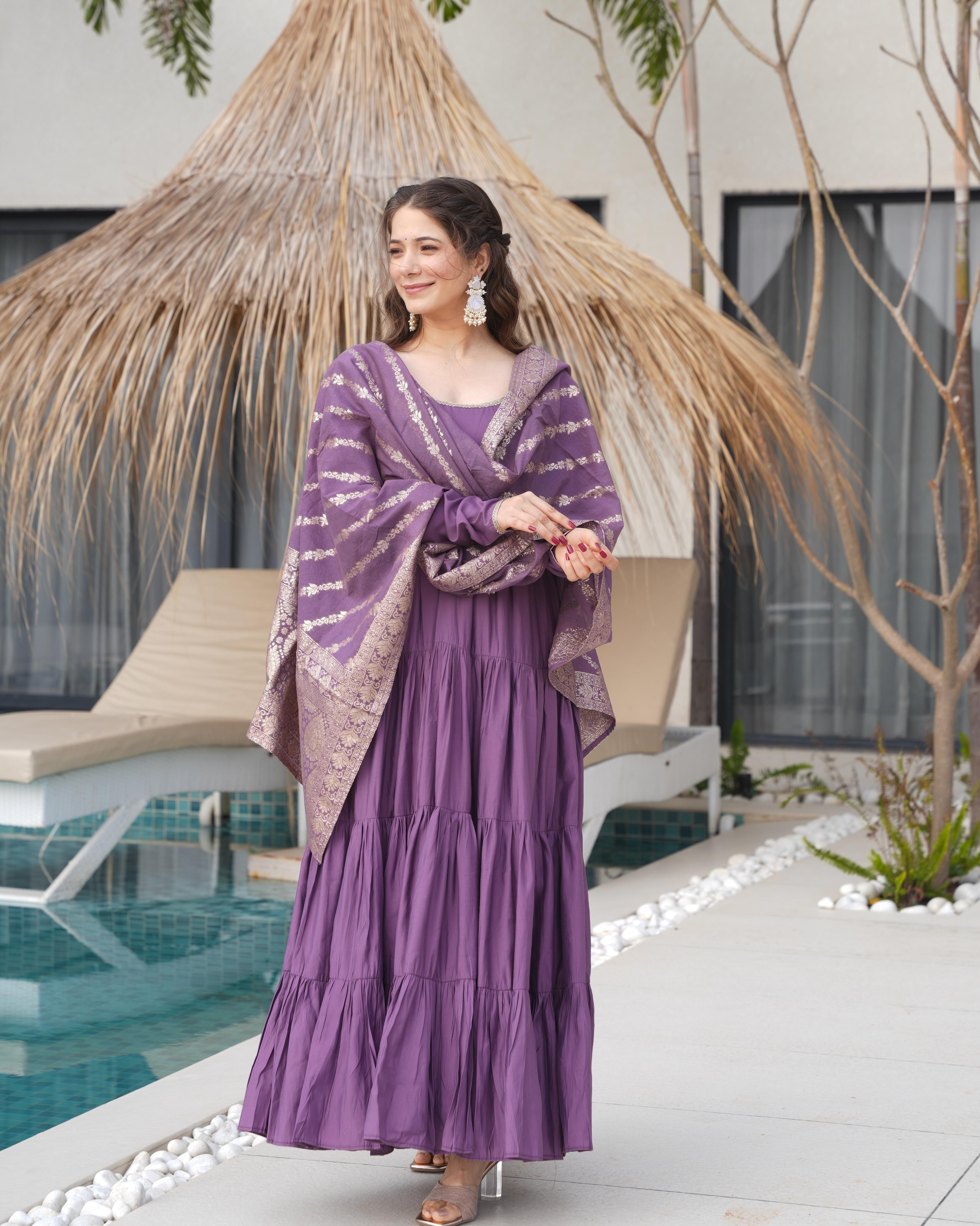 Ashika Roman Silk Flared Lavender Anarkali Suit