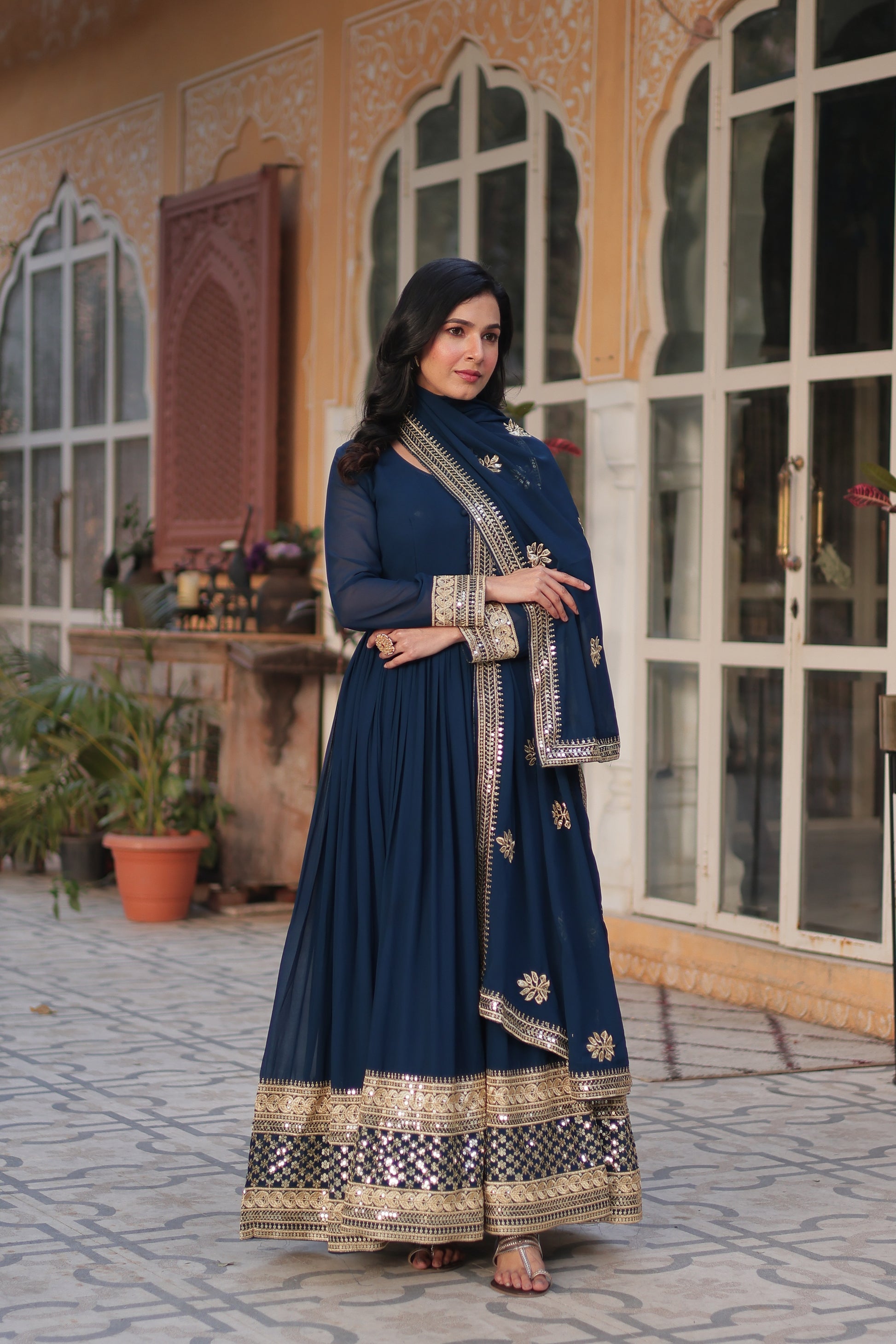 Ashvi Blue Georgette Embroidery Anarkali Gown Set
