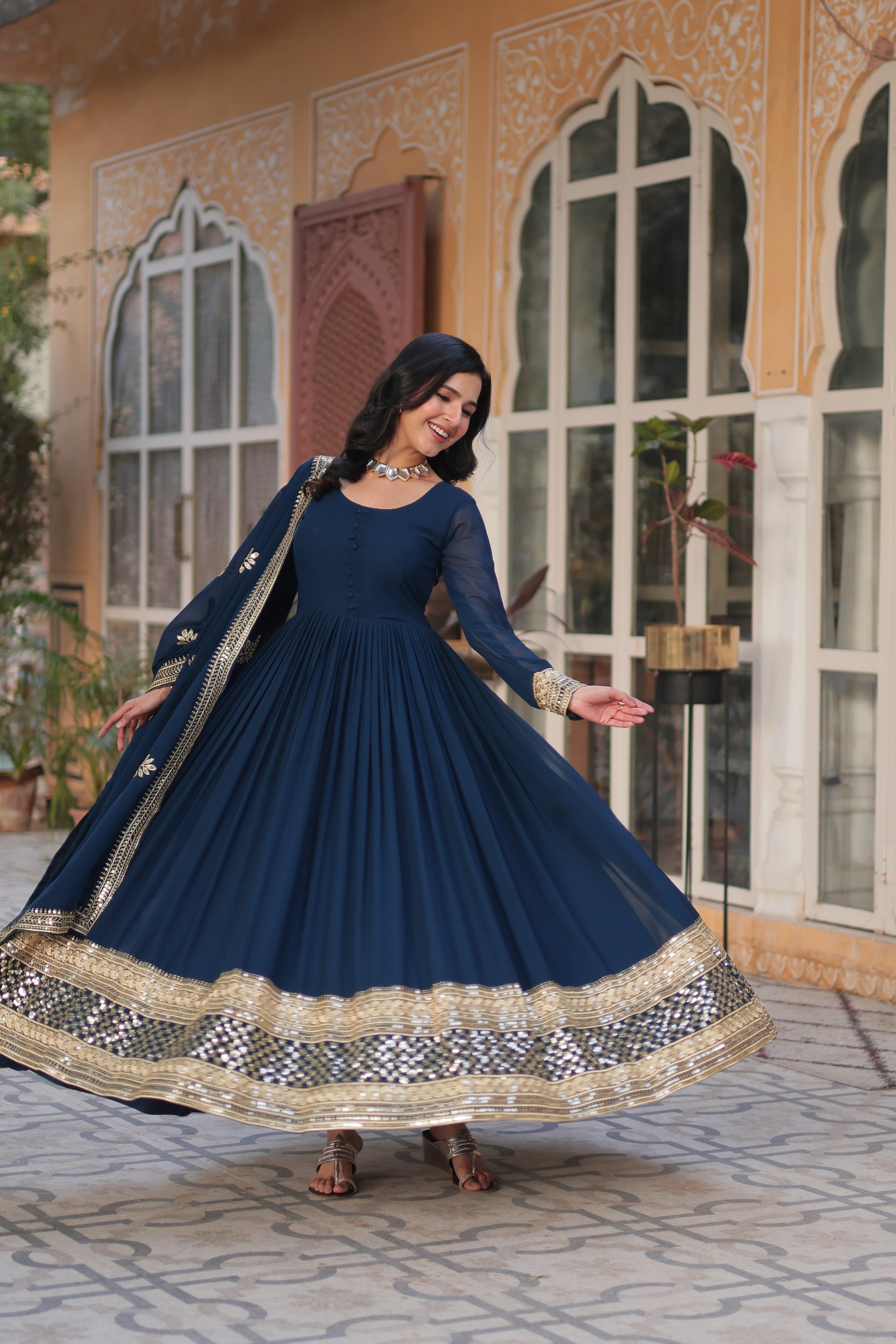Ashvi Blue Georgette Embroidery Anarkali Gown Set