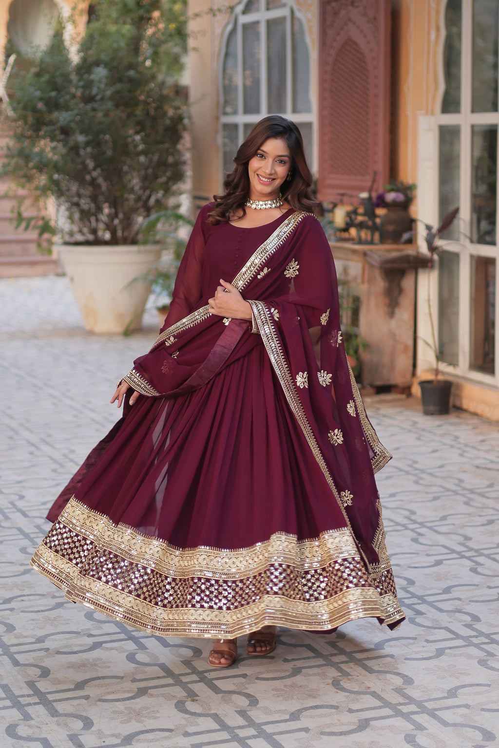 Ashvi Wine Georgette Embroidery Anarkali Gown Set