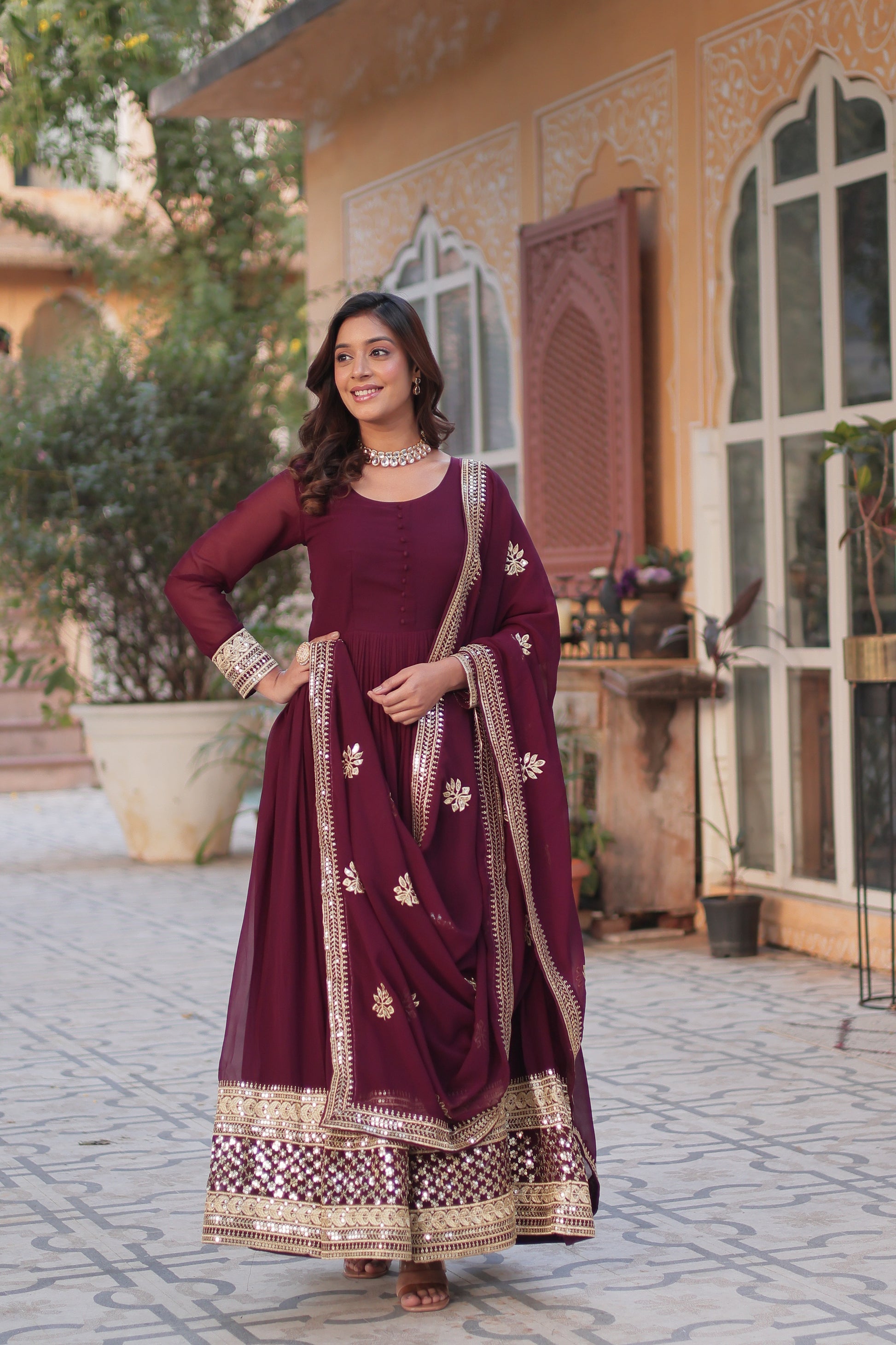 Ashvi Wine Georgette Embroidery Anarkali Gown Set