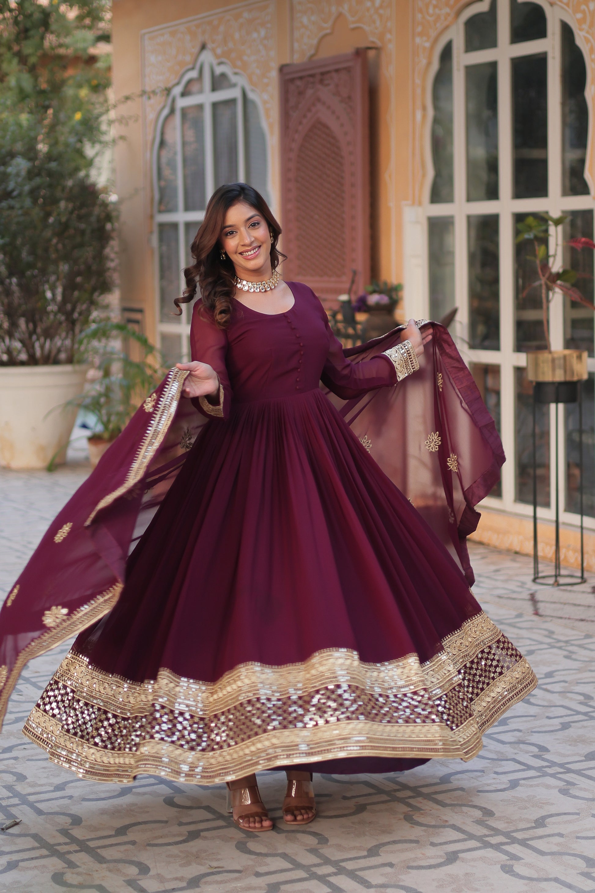 Ashvi Wine Georgette Embroidery Anarkali Gown Set